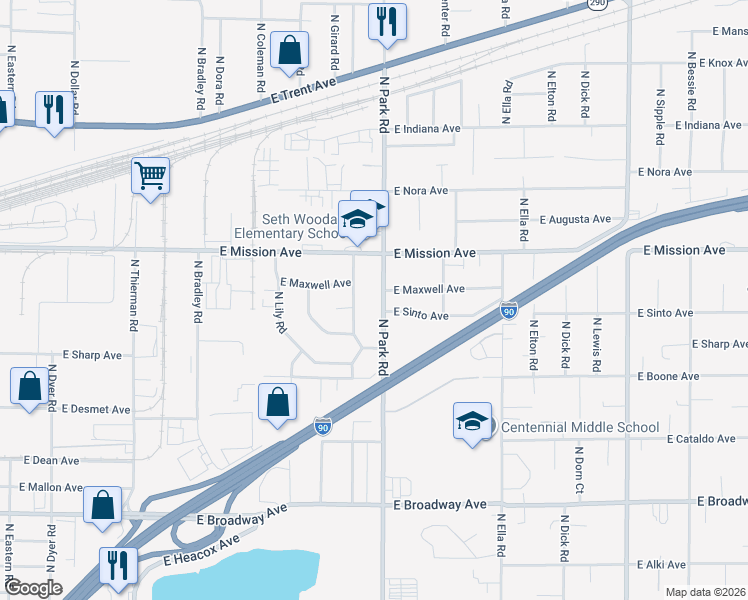 map of restaurants, bars, coffee shops, grocery stores, and more near 1417 North Park Road in Spokane Valley