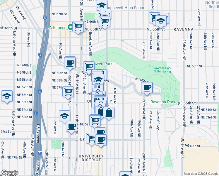 map of restaurants, bars, coffee shops, grocery stores, and more near 5616 15th Avenue Northeast in Seattle