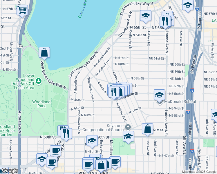 map of restaurants, bars, coffee shops, grocery stores, and more near 5651 Keystone Place North in Seattle