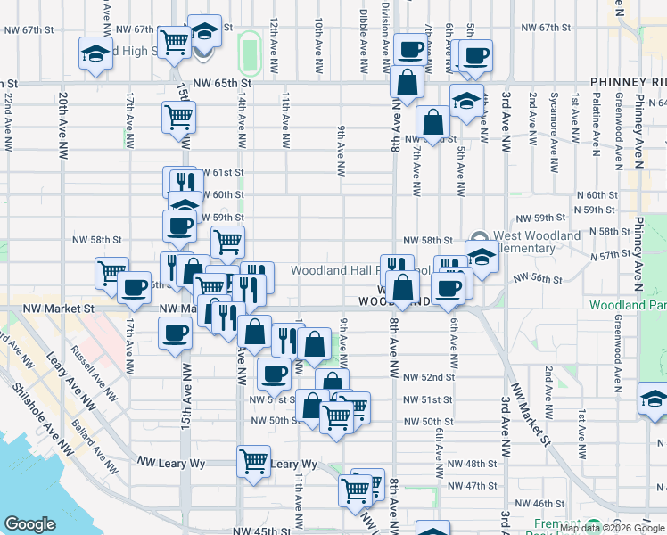 map of restaurants, bars, coffee shops, grocery stores, and more near 913 Northwest 57th Street in Seattle