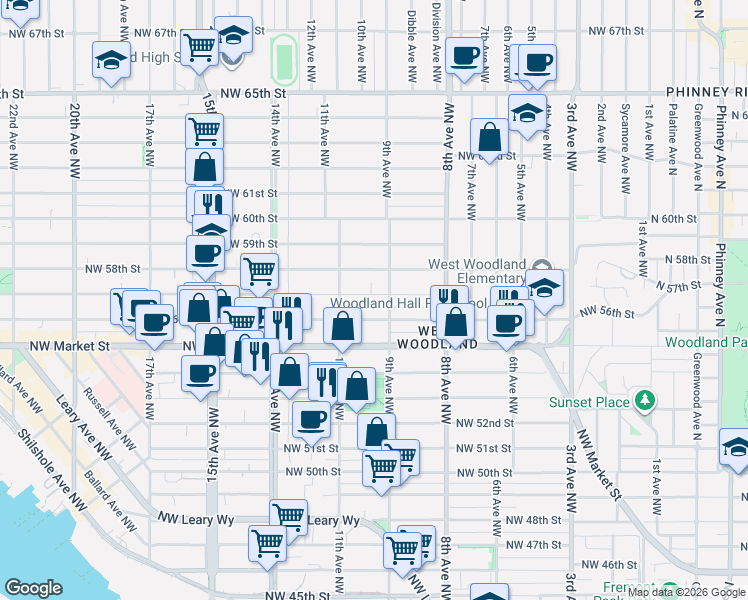 map of restaurants, bars, coffee shops, grocery stores, and more near 913 Northwest 57th Street in Seattle