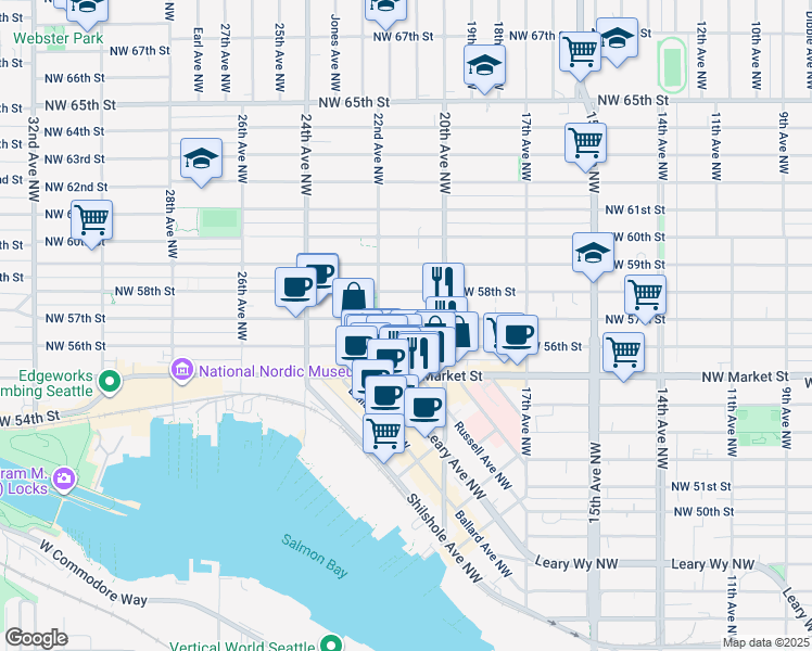 map of restaurants, bars, coffee shops, grocery stores, and more near 2041 Northwest 57th Street in Seattle