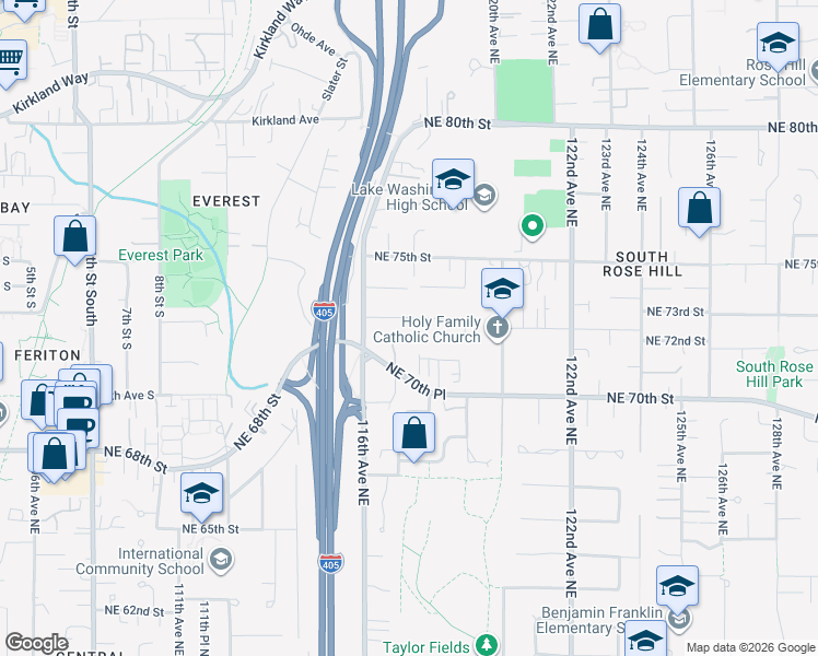 map of restaurants, bars, coffee shops, grocery stores, and more near 11717 Northeast 73rd Street in Kirkland