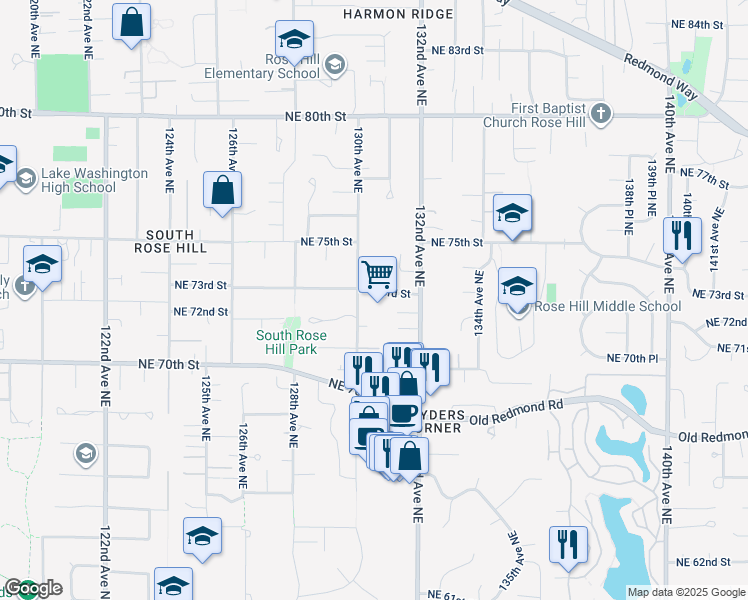 map of restaurants, bars, coffee shops, grocery stores, and more near 13017 Northeast 73rd Street in Kirkland