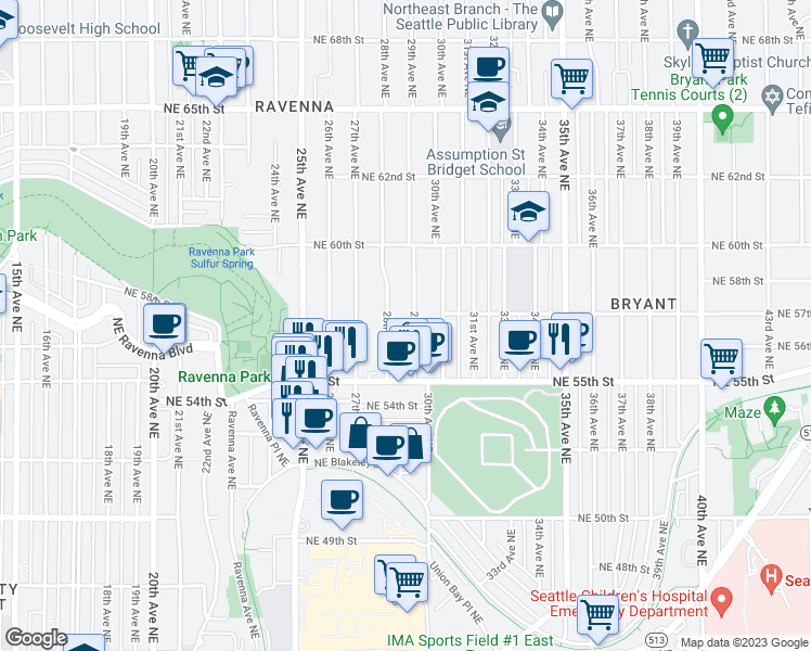 map of restaurants, bars, coffee shops, grocery stores, and more near 5553 29th Avenue Northeast in Seattle