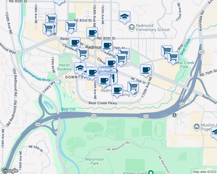 map of restaurants, bars, coffee shops, grocery stores, and more near 16539 Northeast 74th Street in Redmond
