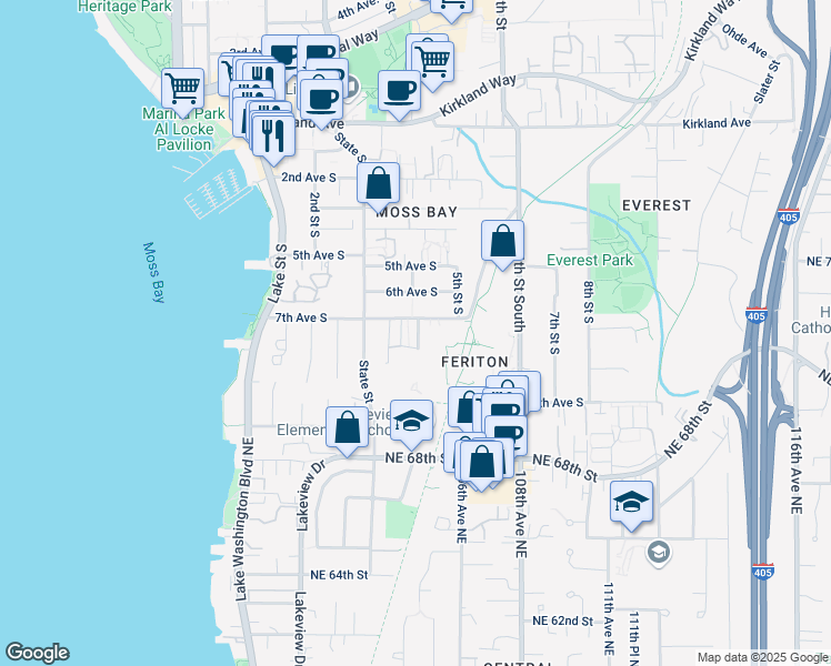 map of restaurants, bars, coffee shops, grocery stores, and more near 733 4th Court South in Kirkland