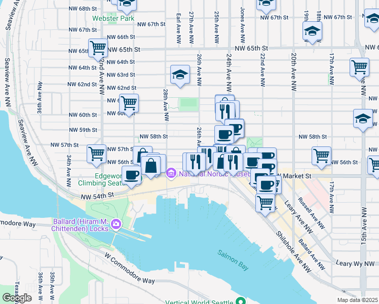 map of restaurants, bars, coffee shops, grocery stores, and more near 2619B Northwest 57th Street in Seattle