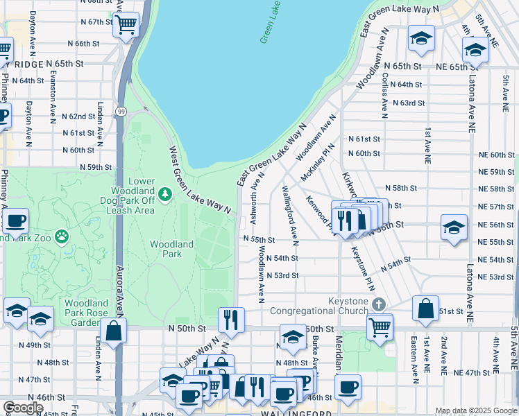 map of restaurants, bars, coffee shops, grocery stores, and more near 5544 Ashworth Avenue North in Seattle
