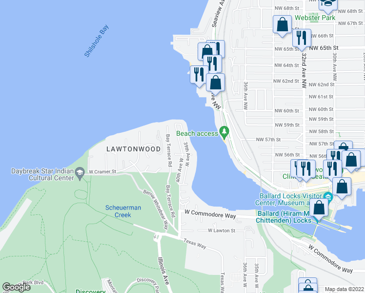 map of restaurants, bars, coffee shops, grocery stores, and more near 5614 40th Avenue West in Seattle