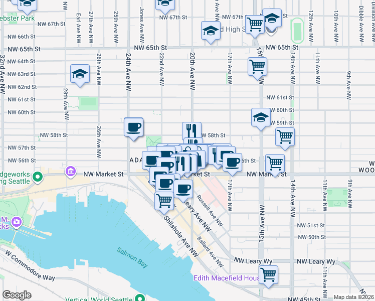 map of restaurants, bars, coffee shops, grocery stores, and more near 5650 20th Avenue Northwest in Seattle