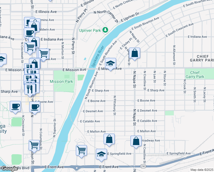map of restaurants, bars, coffee shops, grocery stores, and more near 1314 North Madelia Street in Spokane