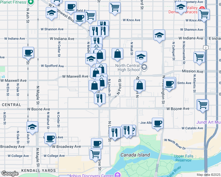 map of restaurants, bars, coffee shops, grocery stores, and more near 1328 N Lincoln St in Spokane