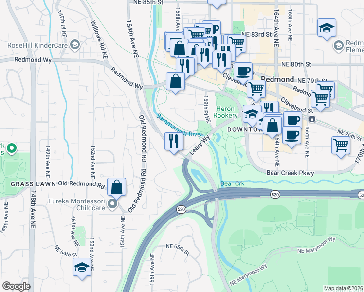 map of restaurants, bars, coffee shops, grocery stores, and more near 7292 West Lake Sammamish Parkway Northeast in Redmond