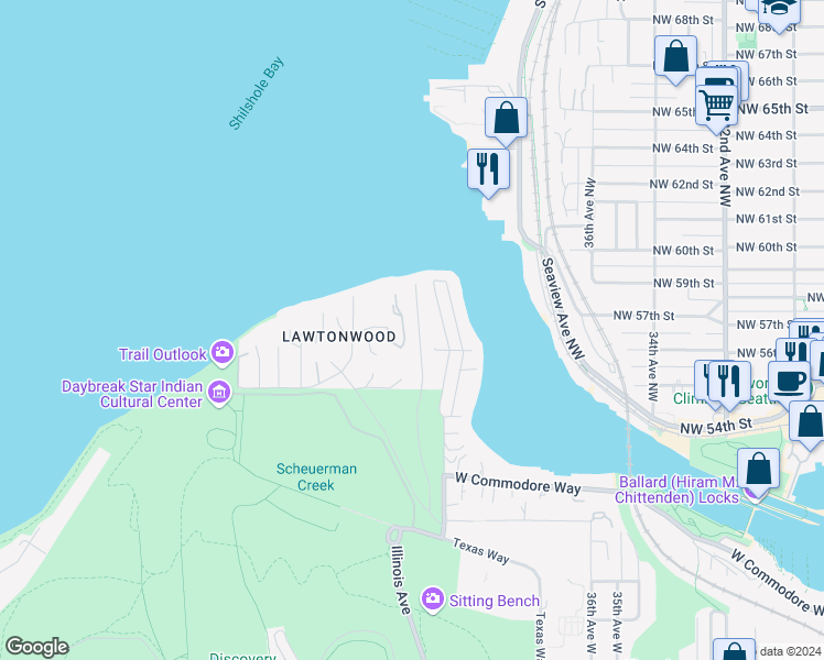 map of restaurants, bars, coffee shops, grocery stores, and more near 5617 Bay Terrace Road in Seattle