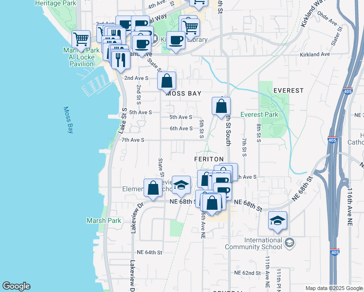 map of restaurants, bars, coffee shops, grocery stores, and more near 733 4th Court South in Kirkland