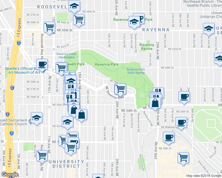 map of restaurants, bars, coffee shops, grocery stores, and more near 1832 Northeast Ravenna Boulevard in Seattle