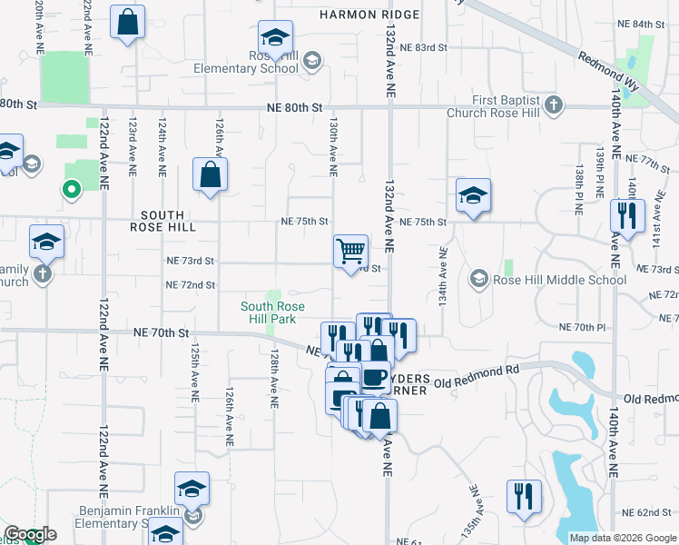 map of restaurants, bars, coffee shops, grocery stores, and more near 13017 Northeast 73rd Street in Kirkland