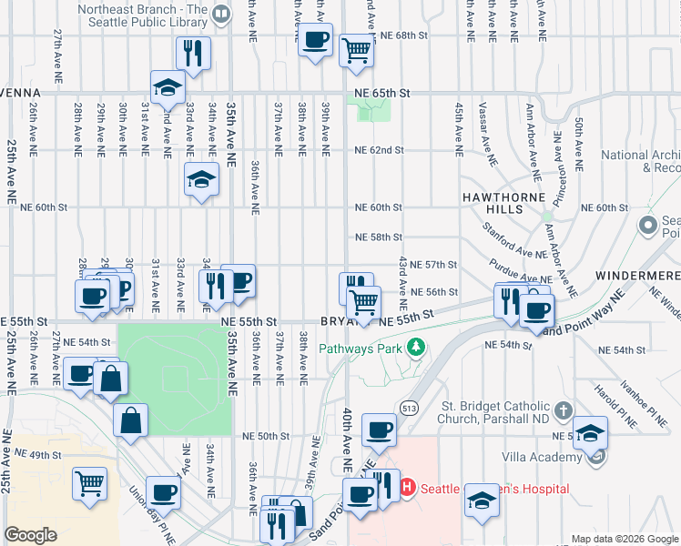 map of restaurants, bars, coffee shops, grocery stores, and more near 5614 40th Avenue Northeast in Seattle