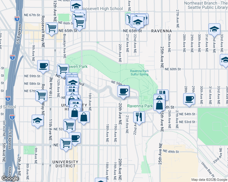 map of restaurants, bars, coffee shops, grocery stores, and more near 5619 20th Avenue Northeast in Seattle