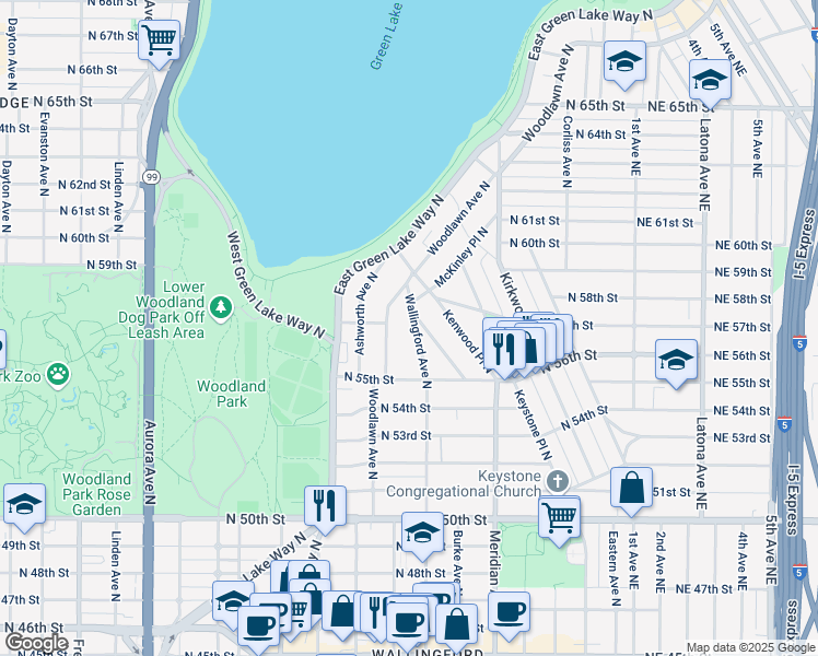 map of restaurants, bars, coffee shops, grocery stores, and more near 5547 Wallingford Avenue North in Seattle