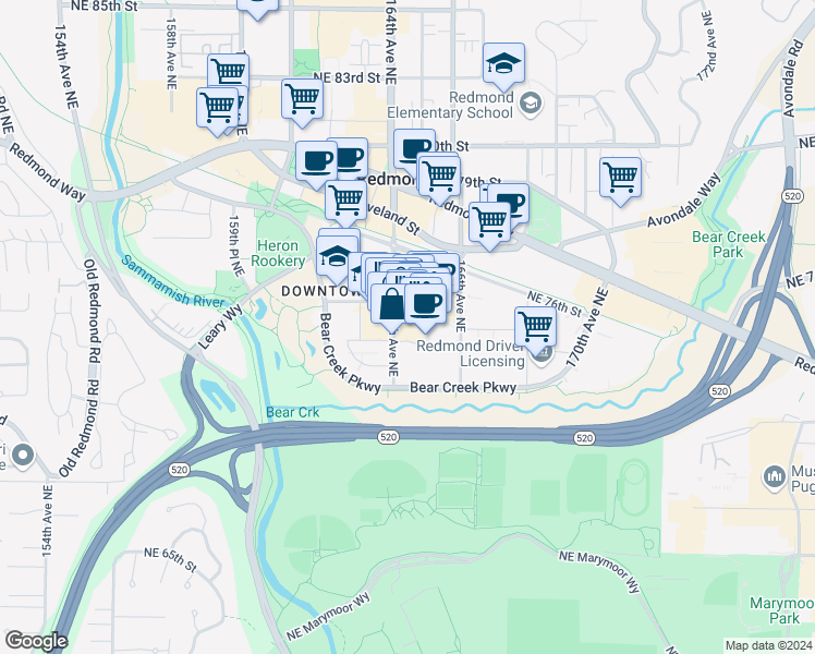 map of restaurants, bars, coffee shops, grocery stores, and more near 7300 164th Avenue Northeast in Redmond