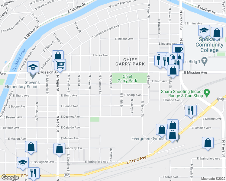 map of restaurants, bars, coffee shops, grocery stores, and more near 1308 North Cook Street in Spokane