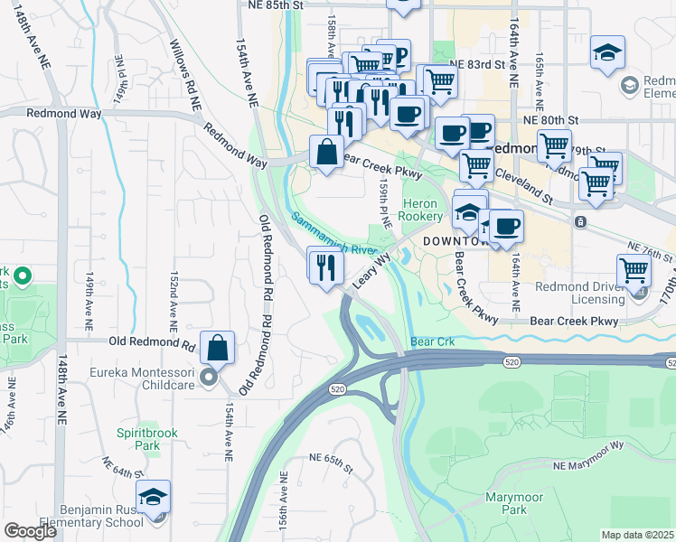 map of restaurants, bars, coffee shops, grocery stores, and more near 7292 West Lake Sammamish Parkway Northeast in Redmond