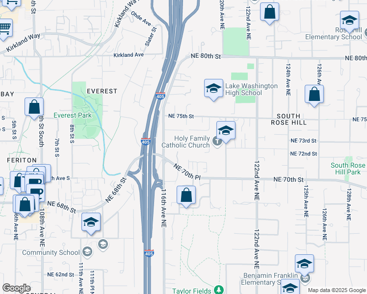 map of restaurants, bars, coffee shops, grocery stores, and more near 11717 Northeast 73rd Street in Kirkland