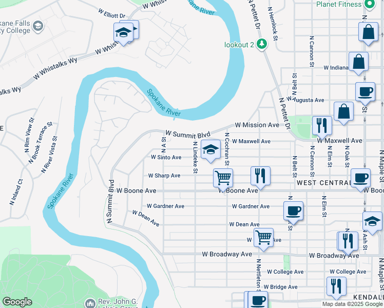 map of restaurants, bars, coffee shops, grocery stores, and more near 1401 North Lindeke Street in Spokane