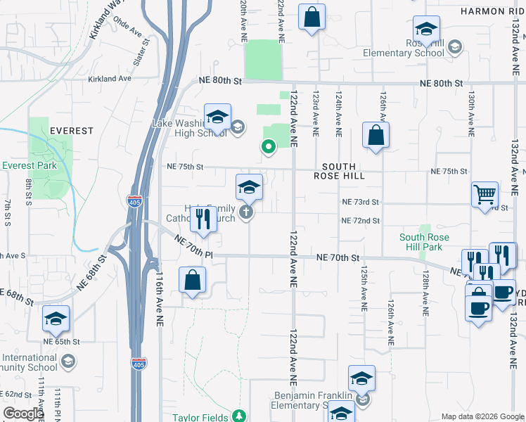 map of restaurants, bars, coffee shops, grocery stores, and more near 12020 Northeast 73rd Street in Kirkland