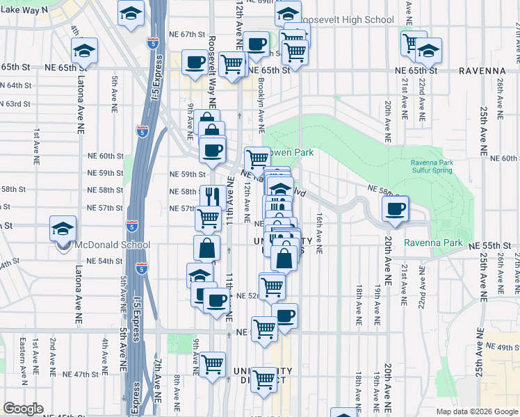 map of restaurants, bars, coffee shops, grocery stores, and more near 5619 Brooklyn Avenue Northeast in Seattle