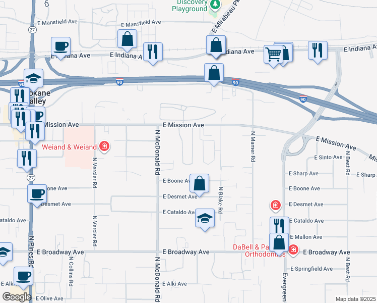 map of restaurants, bars, coffee shops, grocery stores, and more near 13310 East Mission Avenue in Spokane Valley