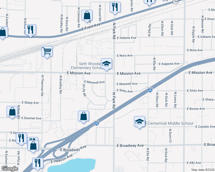 map of restaurants, bars, coffee shops, grocery stores, and more near 1417 North Park Road in Spokane Valley
