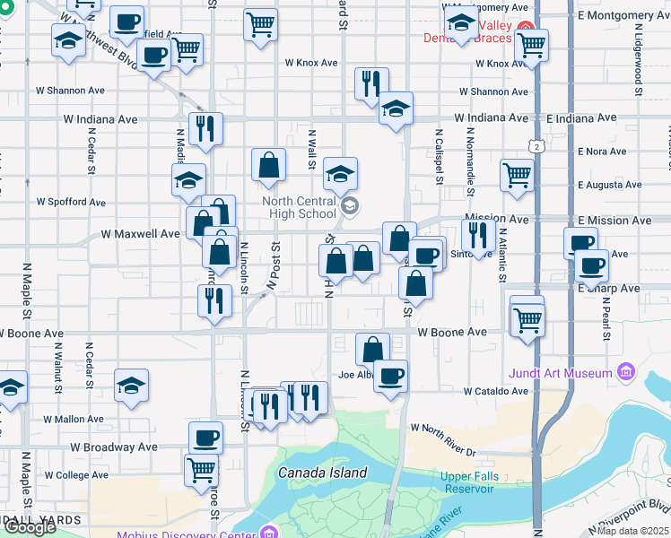 map of restaurants, bars, coffee shops, grocery stores, and more near 1319 North Howard Street in Spokane