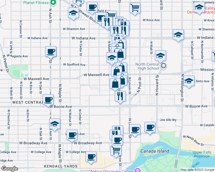 map of restaurants, bars, coffee shops, grocery stores, and more near 1117 West Sinto Avenue in Spokane