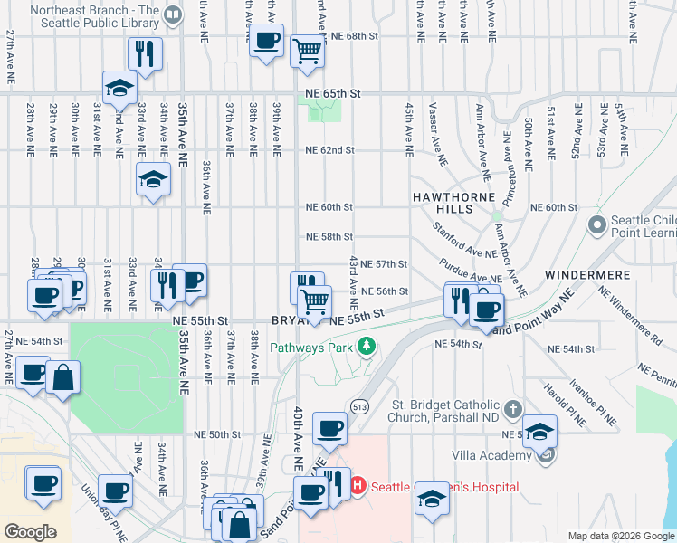 map of restaurants, bars, coffee shops, grocery stores, and more near 4045 Northeast 57th Street in Seattle