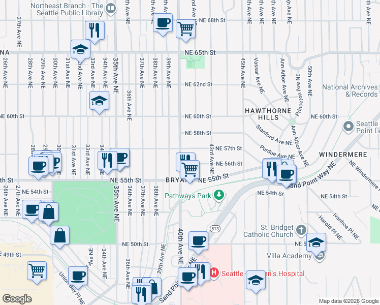 map of restaurants, bars, coffee shops, grocery stores, and more near 5614 40th Avenue Northeast in Seattle