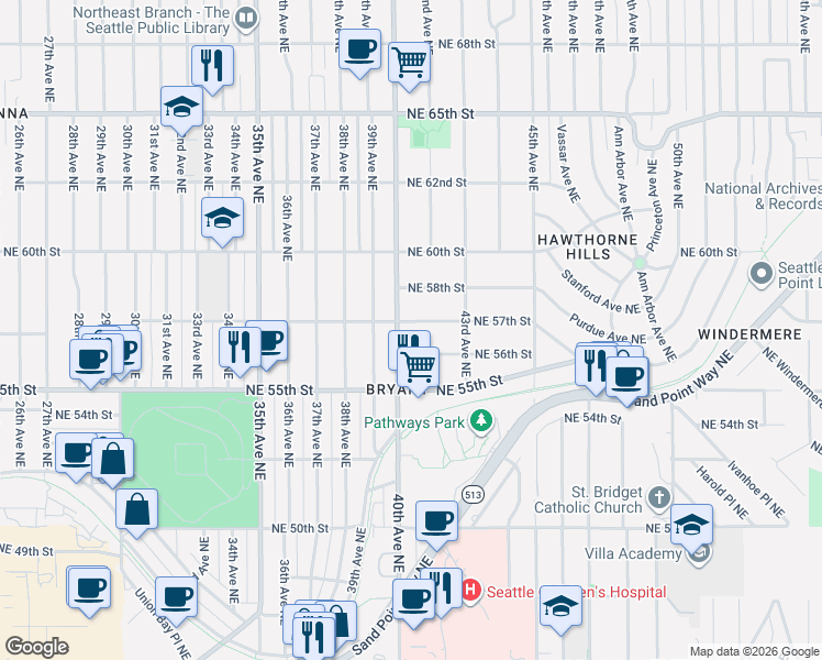 map of restaurants, bars, coffee shops, grocery stores, and more near 5614 40th Avenue Northeast in Seattle