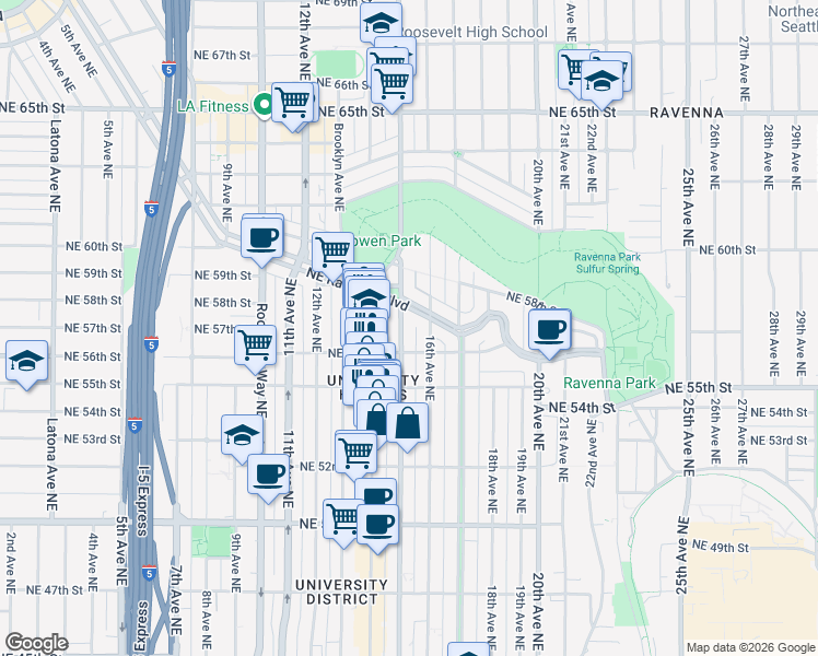 map of restaurants, bars, coffee shops, grocery stores, and more near 5616 15th Avenue Northeast in Seattle
