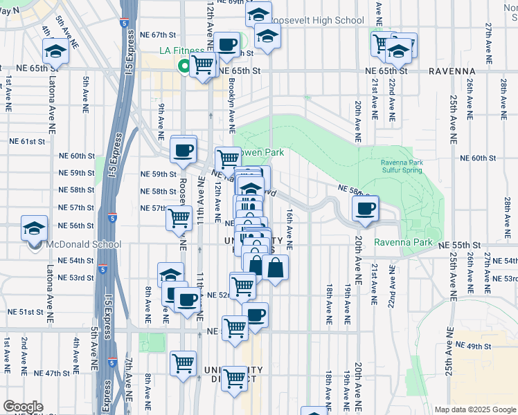map of restaurants, bars, coffee shops, grocery stores, and more near 5619 University Way Northeast in Seattle