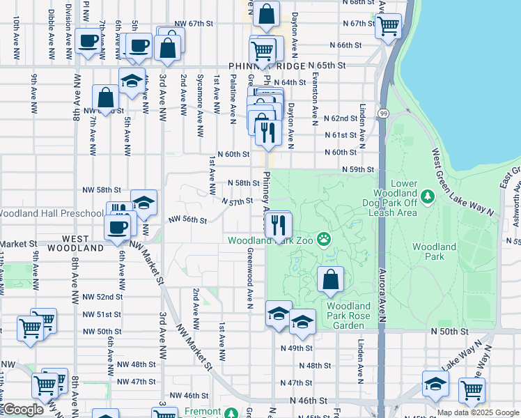 map of restaurants, bars, coffee shops, grocery stores, and more near 5611 Phinney Avenue North in Seattle