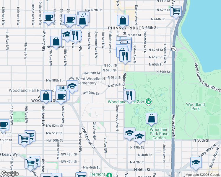map of restaurants, bars, coffee shops, grocery stores, and more near 5630 Palatine Place North in Seattle
