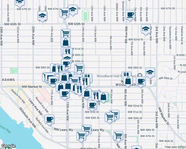 map of restaurants, bars, coffee shops, grocery stores, and more near in Seattle