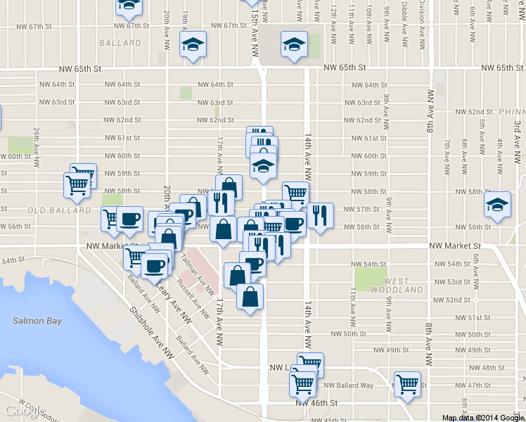 map of restaurants, bars, coffee shops, grocery stores, and more near in Seattle