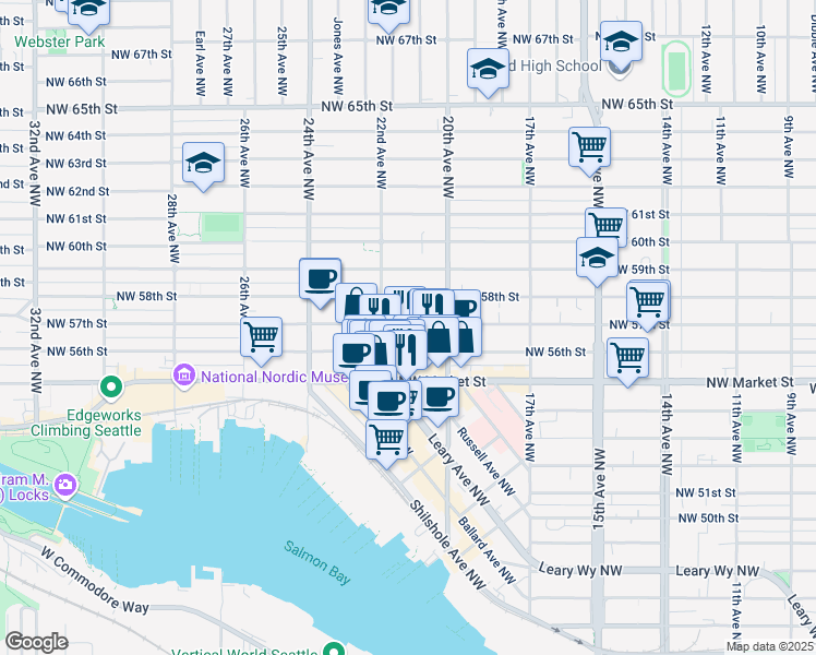 map of restaurants, bars, coffee shops, grocery stores, and more near 2012 Northwest 56th Street in Seattle