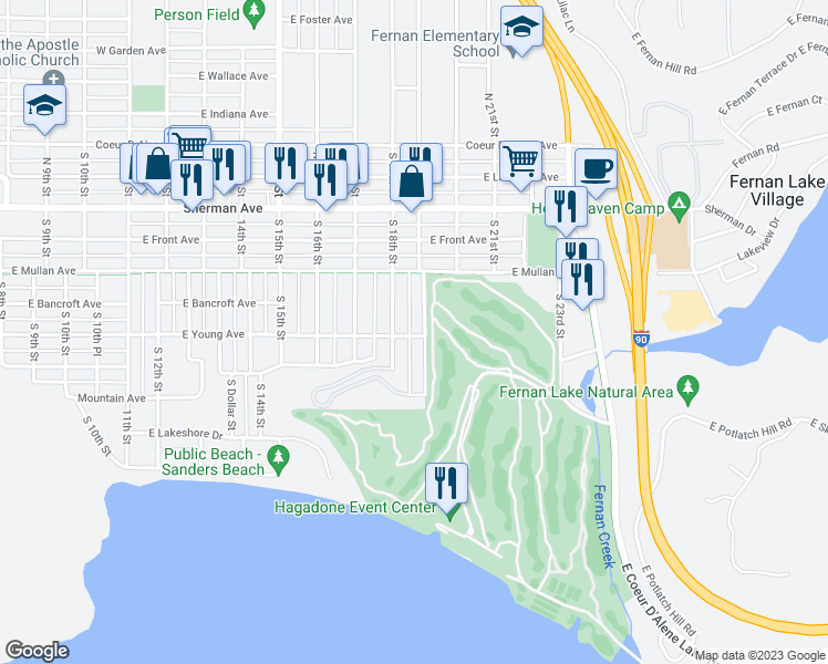 map of restaurants, bars, coffee shops, grocery stores, and more near 419 South 19th Street in Coeur d'Alene