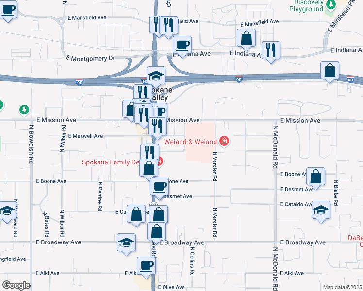 map of restaurants, bars, coffee shops, grocery stores, and more near 1409 North Houk Road in Spokane Valley