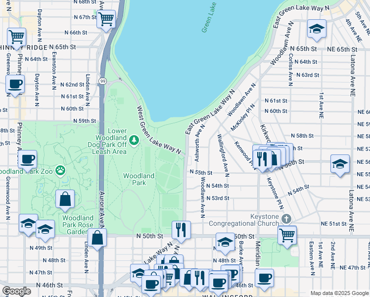map of restaurants, bars, coffee shops, grocery stores, and more near 5701 East Green Lake Way North in Seattle