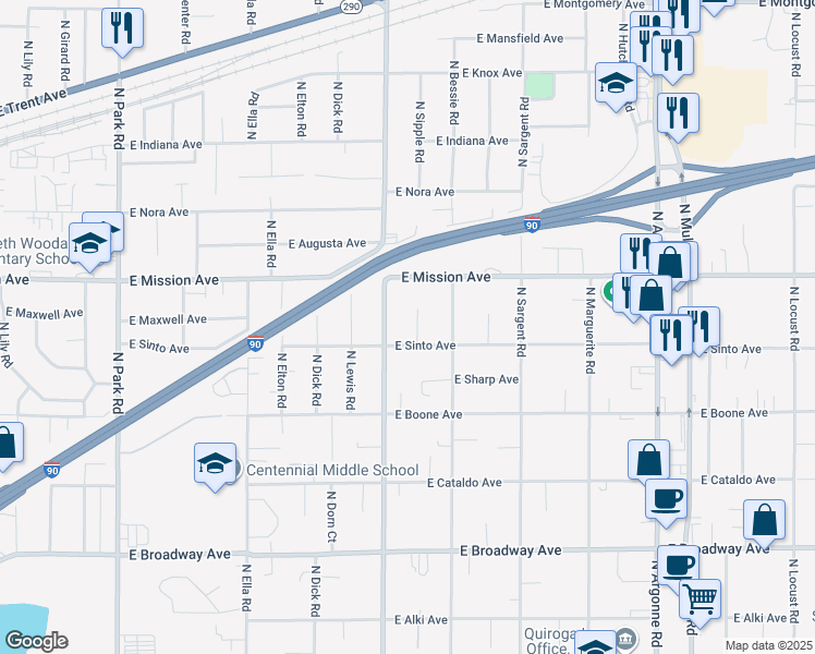 map of restaurants, bars, coffee shops, grocery stores, and more near 1411 North Mesa Road in Spokane Valley